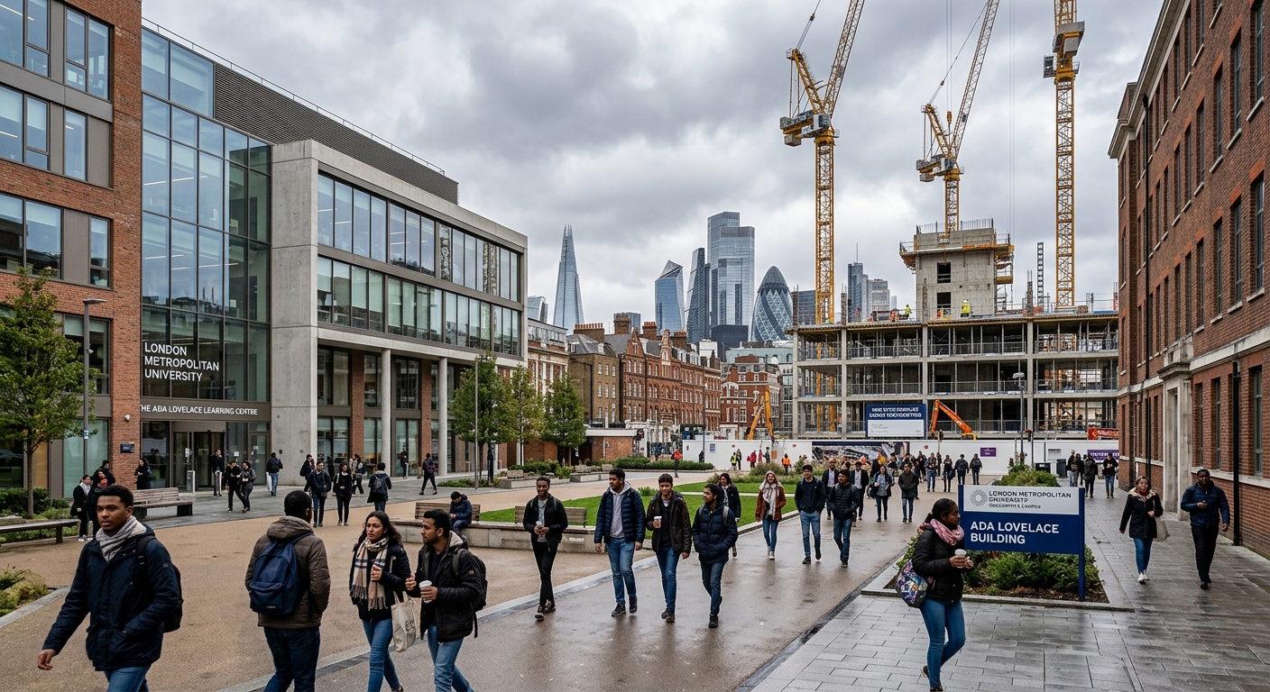 Modern university campus in London with construction site visible in background, students walking near contemporary academic building, overcast London sky, urban setting with mix of historic and modern architecture