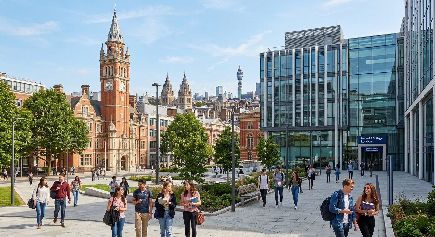 Imperial College London South Kensington campus with the iconic Queen's Tower, modern bioengineering laboratory building, students walking through the courtyard on a sunny day, London cityscape in the background