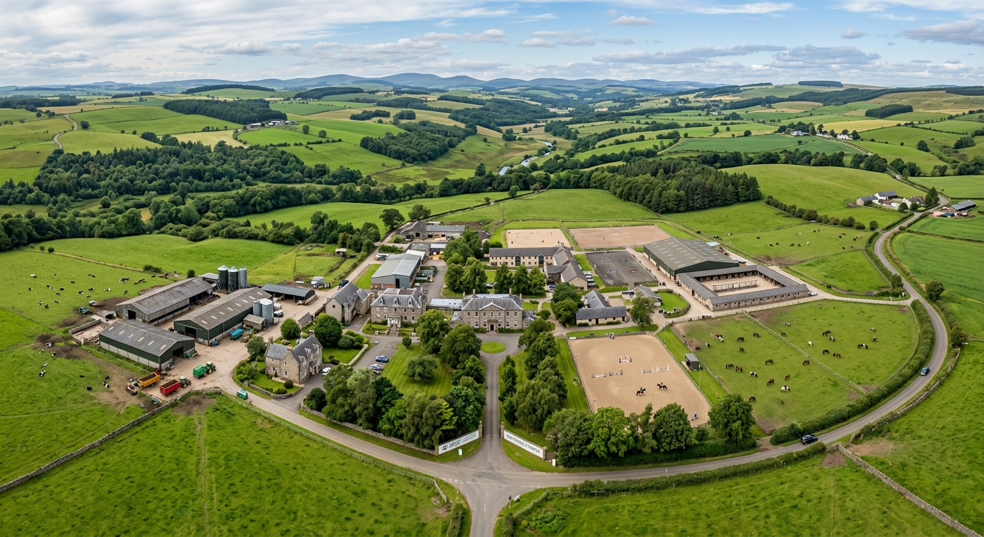 SRUC Oatridge campus West Lothian, large rural estate with working farm, equestrian centre with horses, rolling green Scottish countryside
