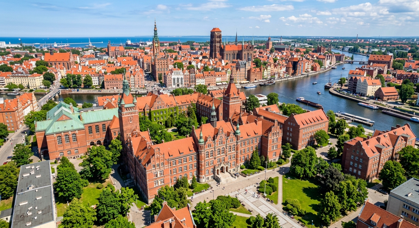 Aerial view of Gdansk University of Technology historic campus with red-brick buildings, green courtyards, and the Gdansk cityscape with Gothic architecture and the Motlawa River in the background, sunny day