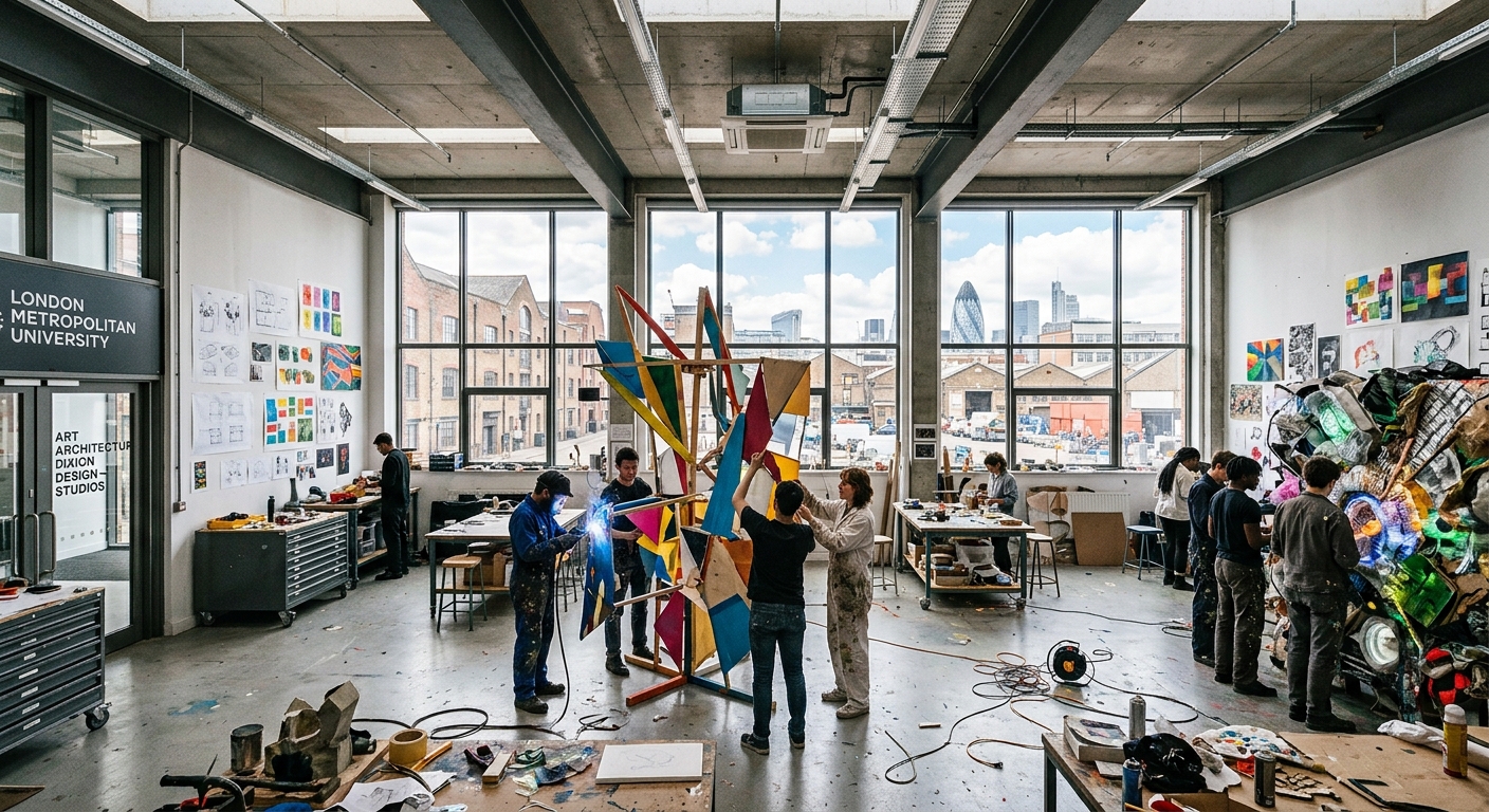 Modern art studio space at London Metropolitan University School of Art Architecture and Design, students working on large-scale public art installations, industrial creative workspace with high ceilings, natural light, and colorful artworks in progress, east London urban setting visible through windows