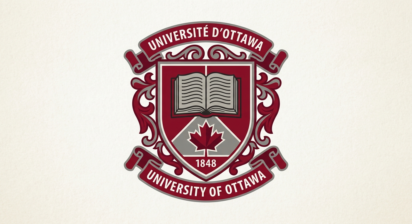 University of Ottawa official logo, garnet and grey shield crest with open book and maple leaf motif, bilingual text reading Université d'Ottawa and University of Ottawa