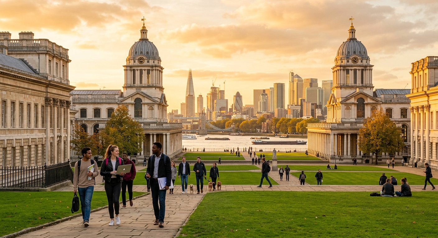 Historic University of Greenwich campus at the Old Royal Naval College on the Thames waterfront, baroque architecture with green lawns, students walking with laptops, London skyline in background, golden hour lighting