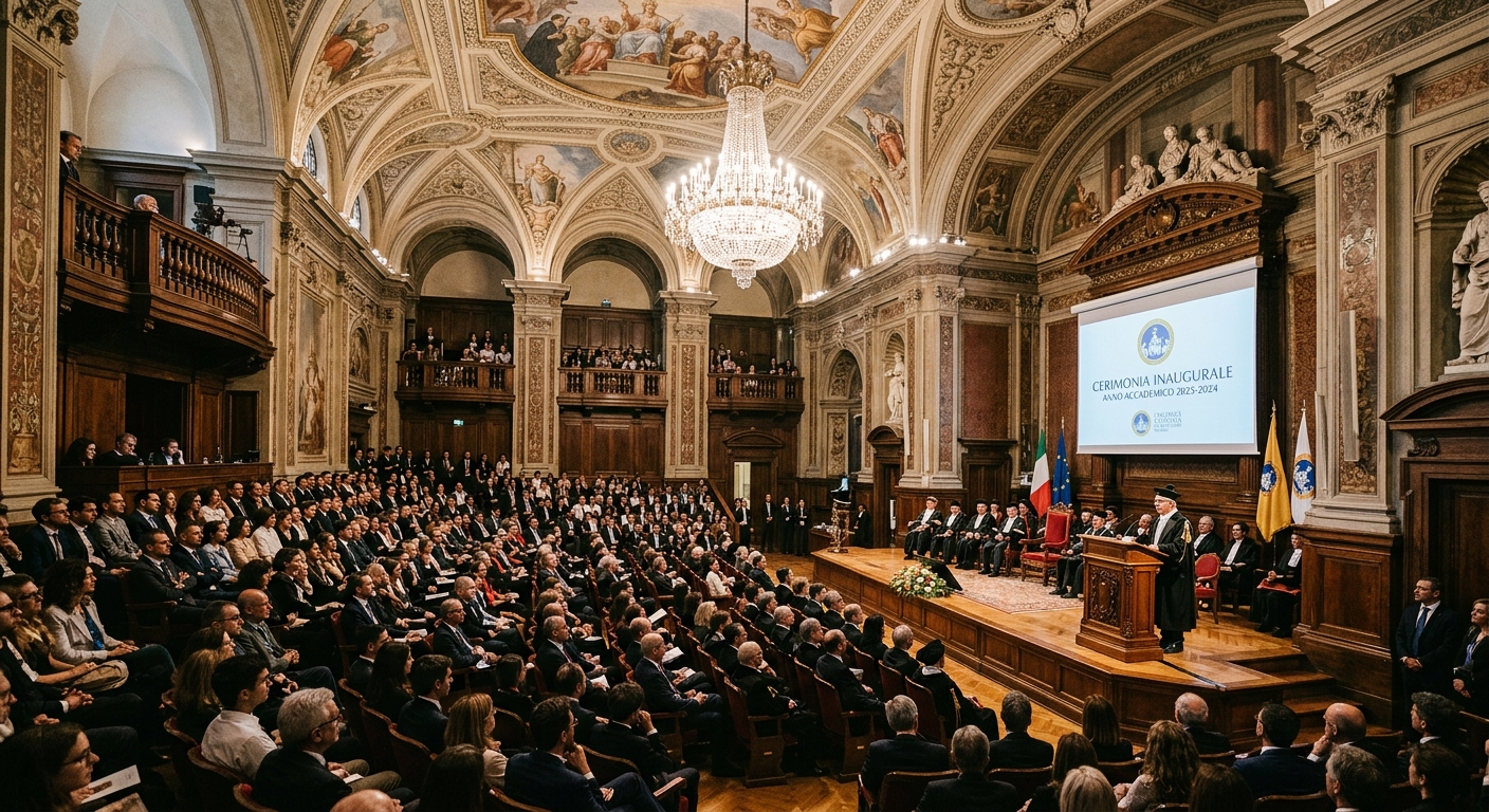 Cattolica University Milan Aula Magna grand lecture hall, ornate historic interior, large seating area, ceremonial academic setting with elegant architecture