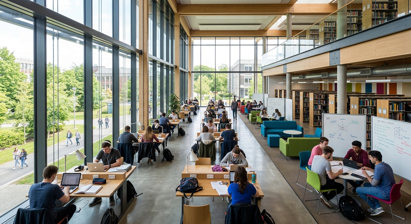 Maynooth University library interior with modern study spaces, floor-to-ceiling windows, students studying at desks and collaborative areas