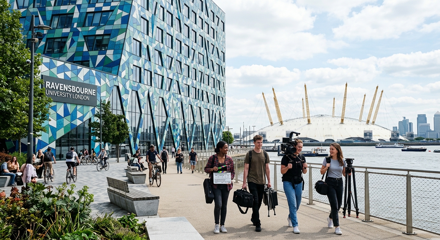 Modern Ravensbourne University London campus building on Greenwich Peninsula with distinctive geometric facade, film students carrying camera equipment near the O2 Arena, creative urban environment with Thames riverfront