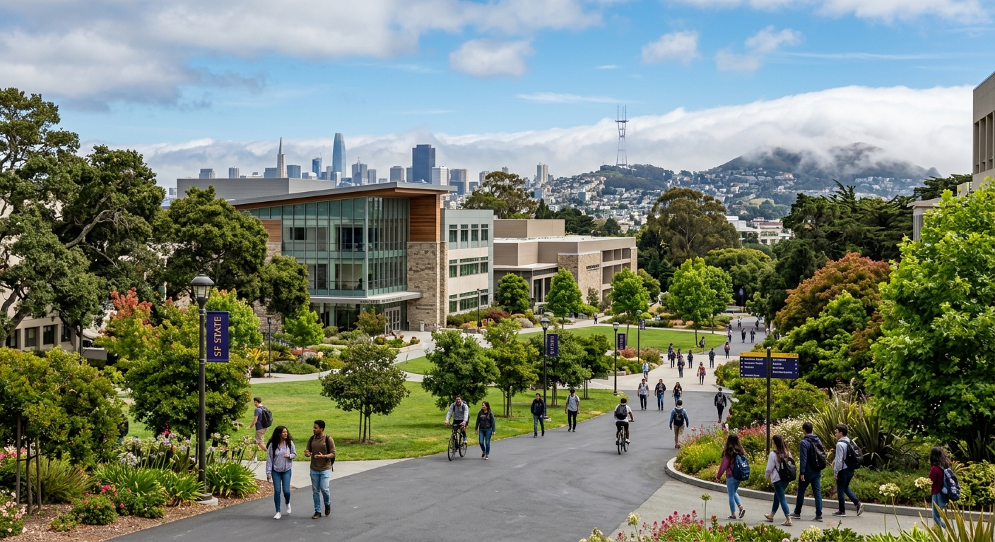 San Francisco State University campus with lush green grounds, modern academic buildings, students walking along tree-lined pathways, with distant views of the San Francisco skyline and Pacific Ocean fog rolling over hills