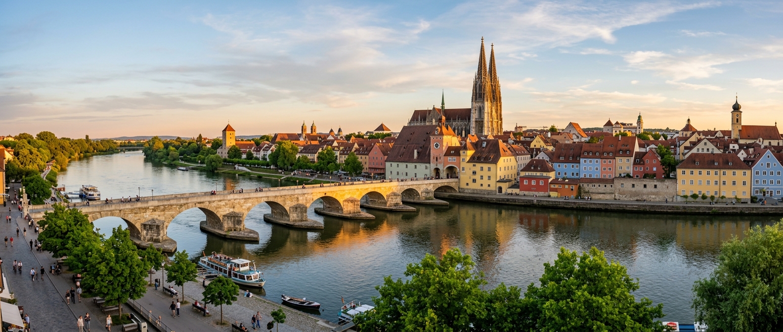 Panoramic view of Regensburg old town skyline along the Danube River, featuring the medieval Stone Bridge, St. Peter's Cathedral twin spires, colorful historic buildings, and lush green riverbanks under golden hour light