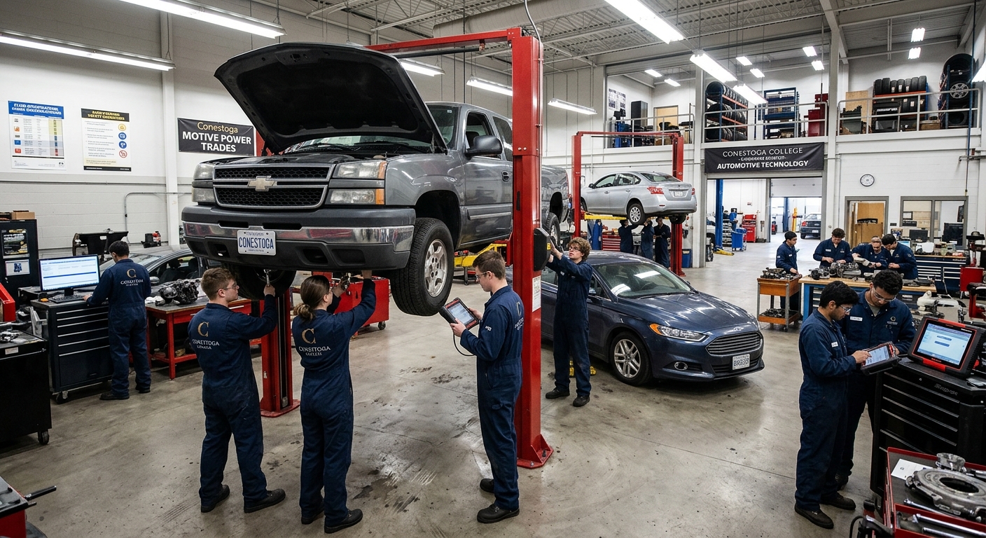 Automotive repair workshop at Conestoga College Cambridge campus with students in coveralls working on vehicles, hydraulic lifts, diagnostic equipment, and large open shop floor with bright overhead lighting