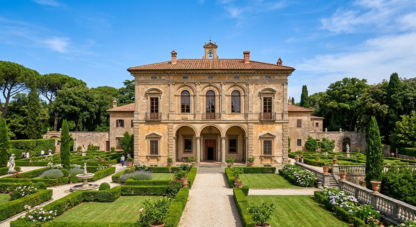 Casale di San Pio V main manor building, Renaissance stone architecture with arched windows, surrounded by manicured Italian gardens and mature trees, blue sky