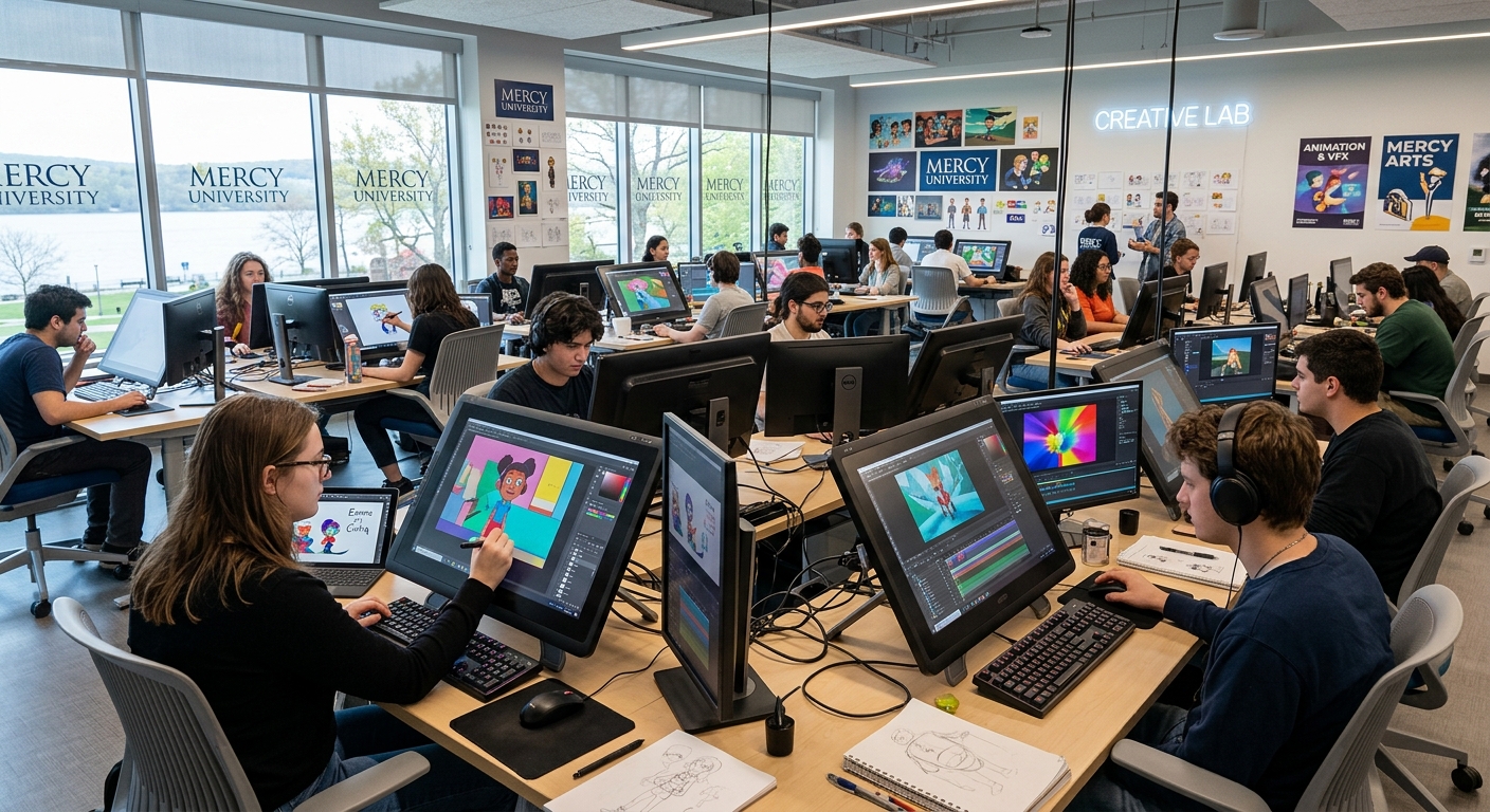 Modern digital design and animation studio at Mercy University Dobbs Ferry campus, students working on Cintiq pen displays with colorful animation projects on screens, bright creative workspace with drawing tablets and dual monitors