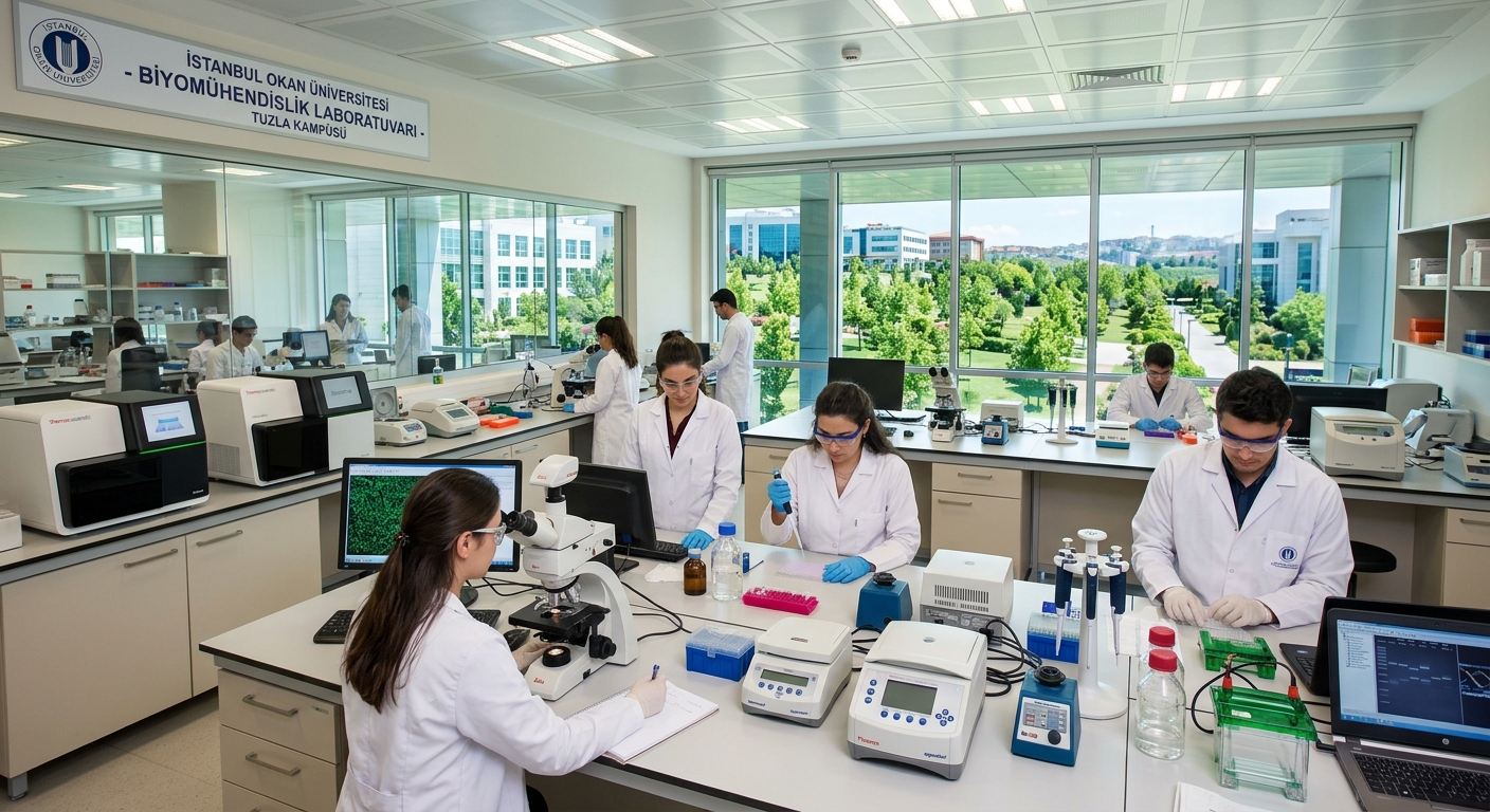 Modern bioengineering laboratory at Istanbul Okan University Tuzla campus, students in white lab coats working with microscopes and DNA analysis equipment, bright fluorescent lighting, glass-walled research facility with green campus views in Istanbul