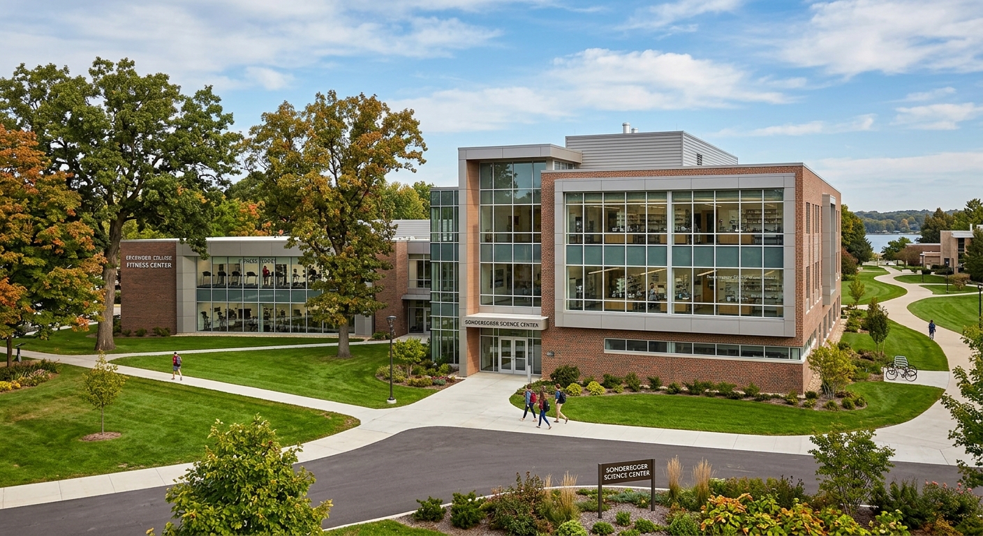 Sonderegger Science Center at Edgewood College, a contemporary science building with laboratory windows, adjacent fitness center, and green campus grounds