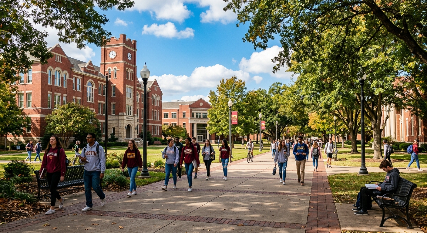 Austin College campus in Sherman Texas with red brick buildings, tree-lined walkways, students walking between classes, warm sunny day with blue sky
