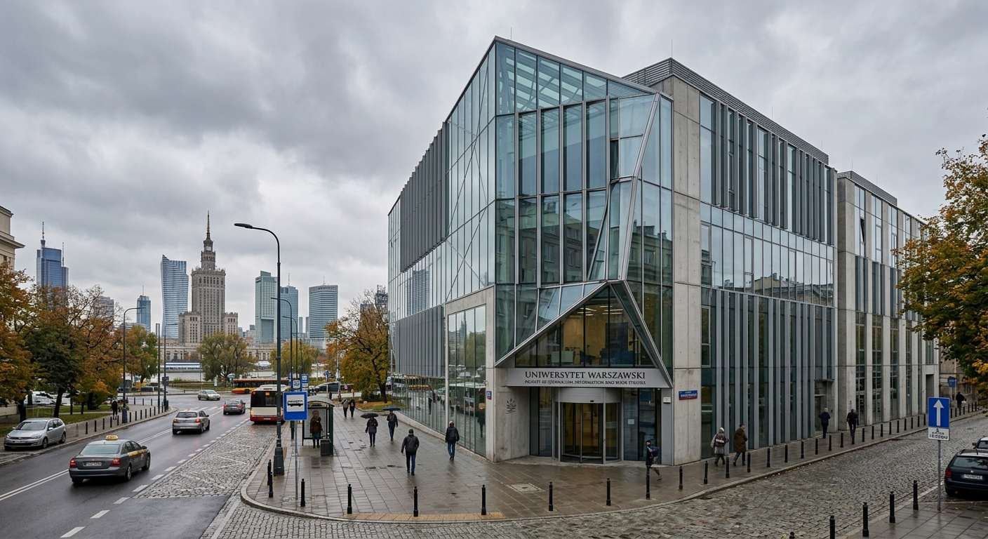 Modern university building on Smulikowskiego Street in central Warsaw, Poland, with glass facade and contemporary architecture, city skyline in background, overcast European sky