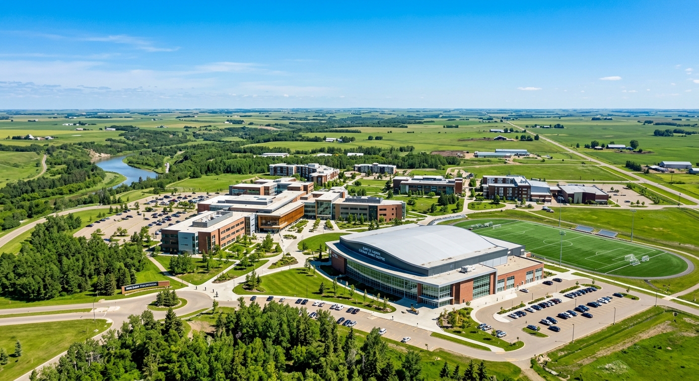 Red Deer Polytechnic main campus aerial view, modern buildings set on expansive green grounds with Alberta prairies in background, Gary W. Harris Canada Games Centre visible, clear blue sky