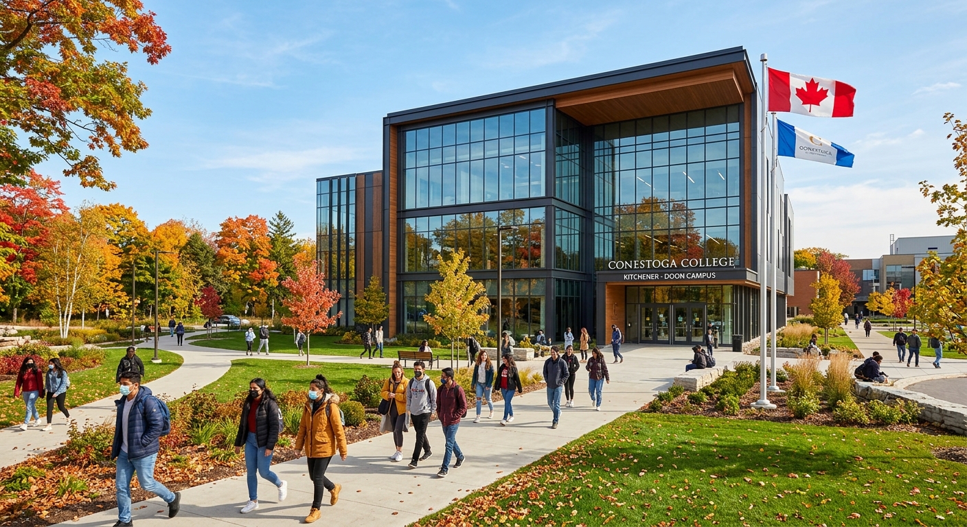 Modern Conestoga College campus building in Kitchener, Ontario with glass facade, students walking on pathways, Canadian flag visible, green landscaped grounds, bright autumn day