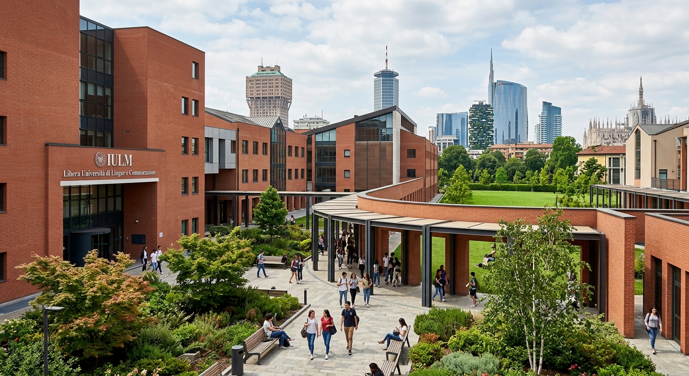 Modern IULM University campus in Milan Italy with contemporary architecture, red brick buildings surrounded by landscaped gardens, students walking through porticoed courtyard, urban Milan skyline in background