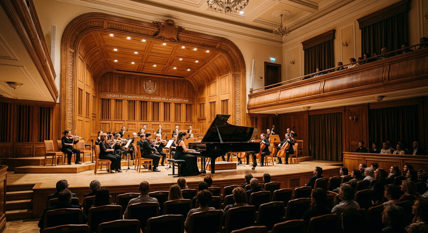 Elegant concert hall interior at the University of Szeged Béla Bartók Faculty of Arts, grand piano on stage, warm lighting, classical music performance setting with wooden paneling and acoustic design