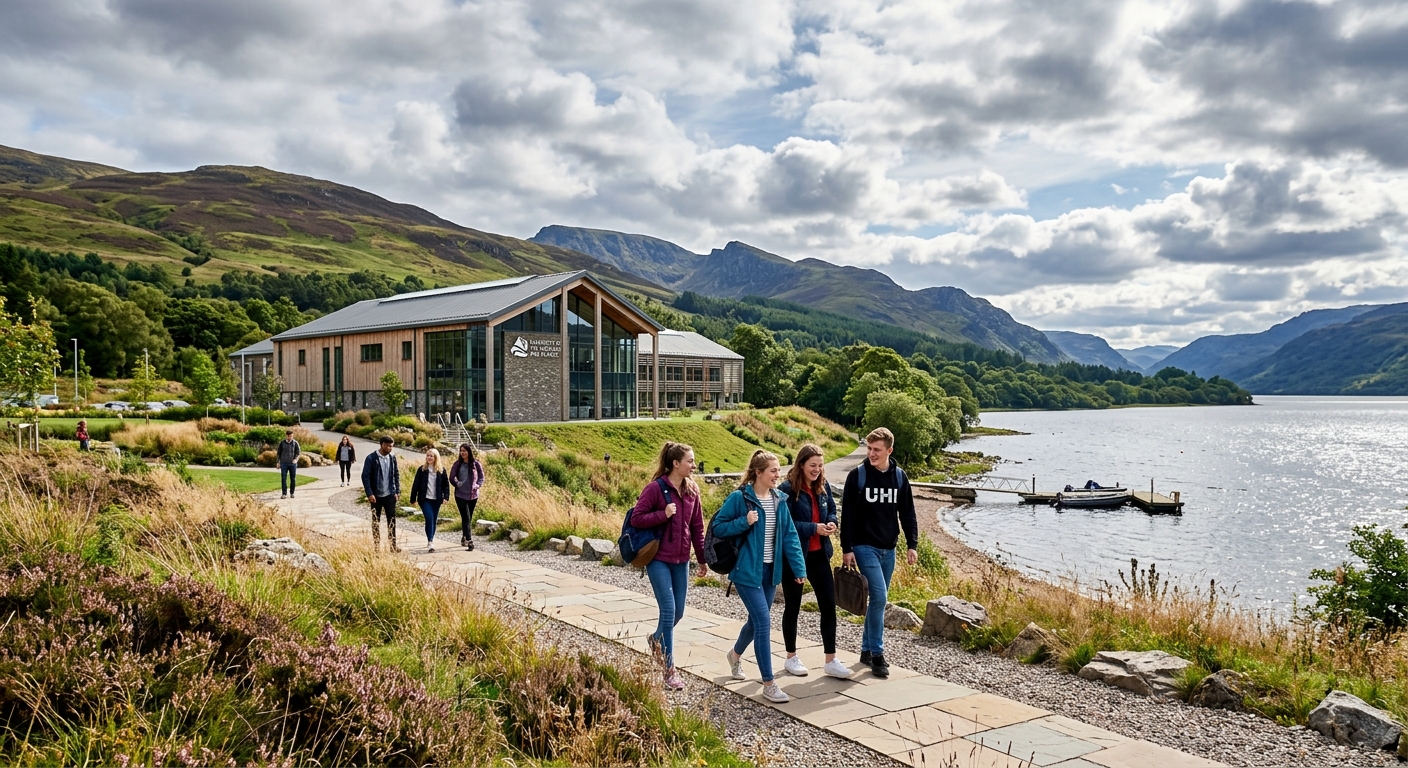 Scottish Highlands landscape with modern university campus building, rolling green hills and dramatic sky in background, students walking on campus pathway near loch, University of the Highlands and Islands setting
