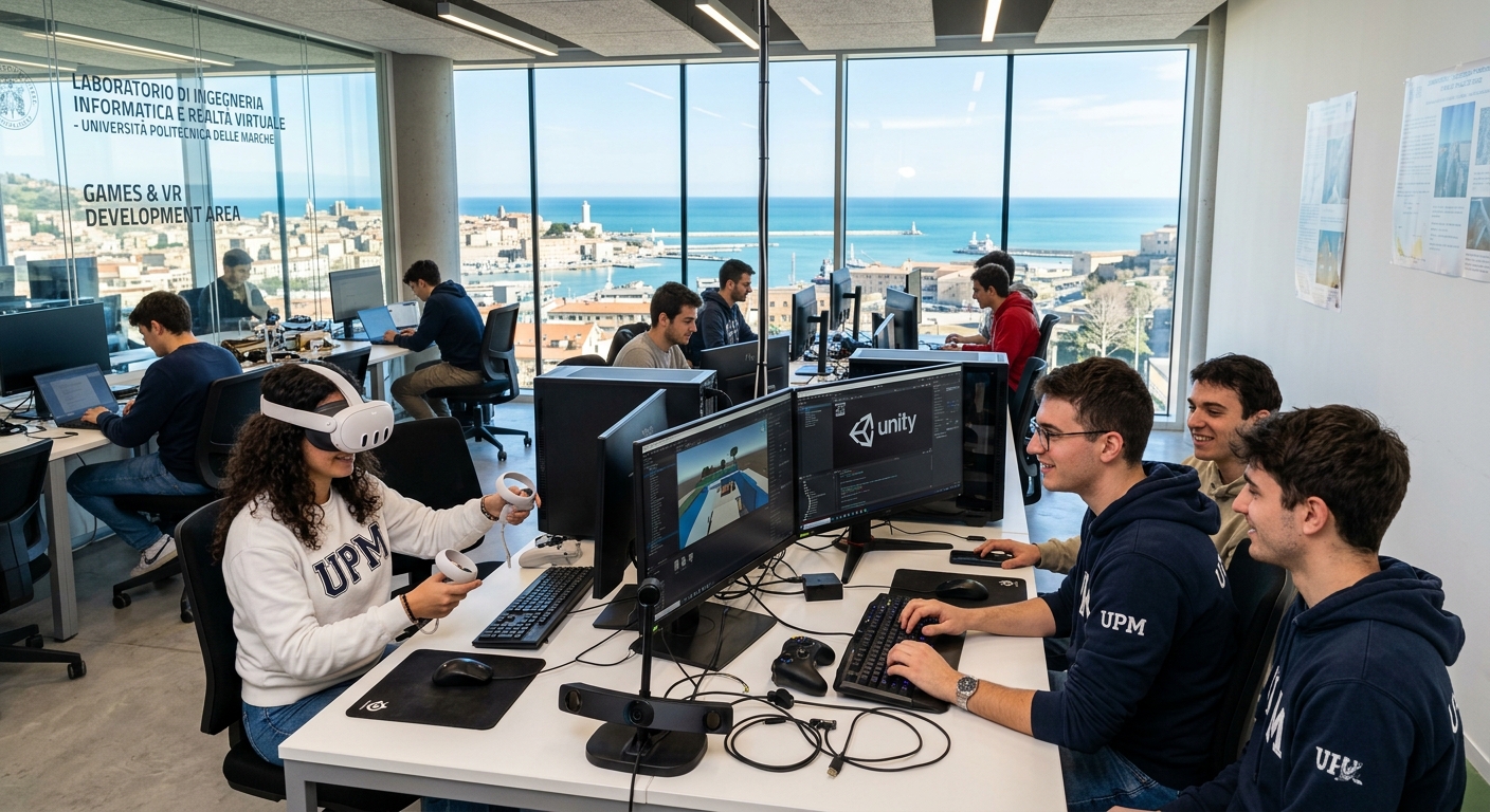 Modern engineering campus at Marche Polytechnic University in Ancona Italy, students working with VR headsets and game development stations in a bright contemporary lab, Mediterranean coastal city visible through windows