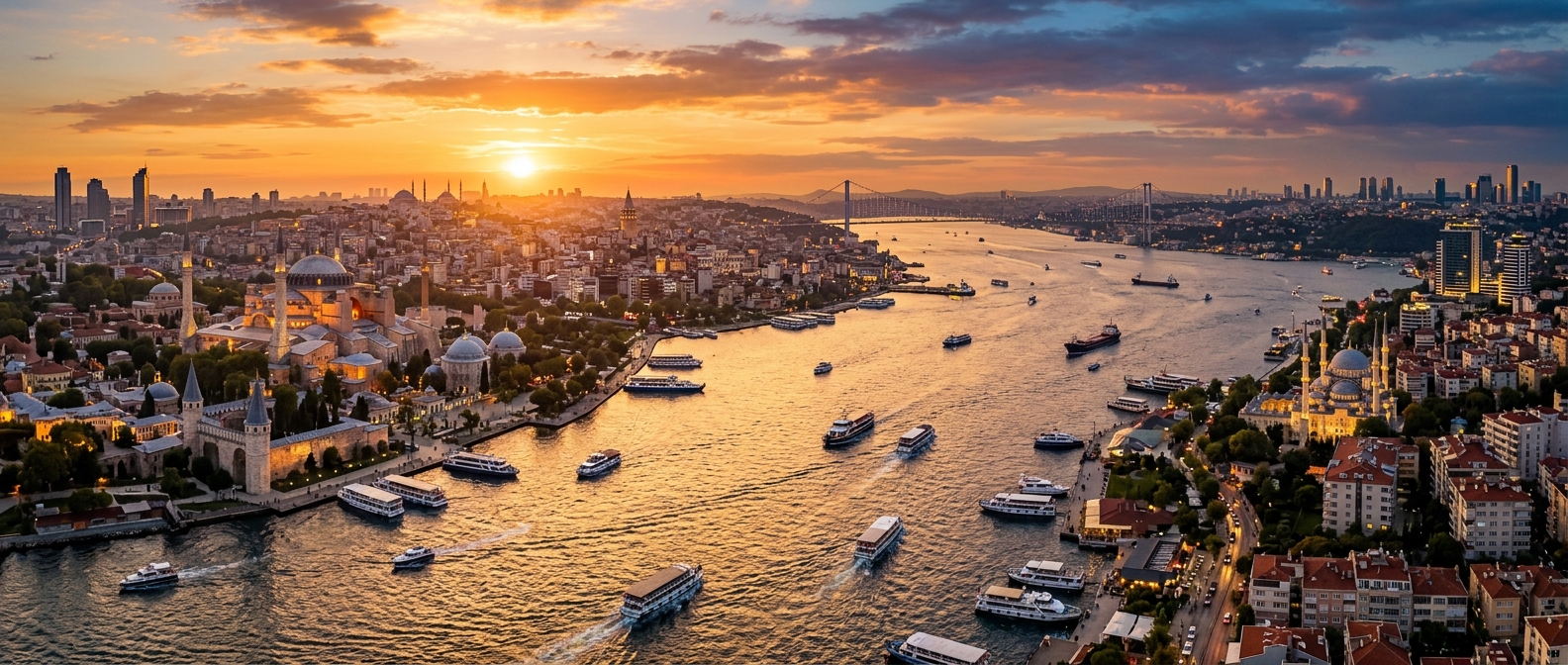 Panoramic view of Istanbul skyline at sunset, Bosphorus strait dividing Europe and Asia, historic mosques and modern skyscrapers, boats on the water, warm golden light