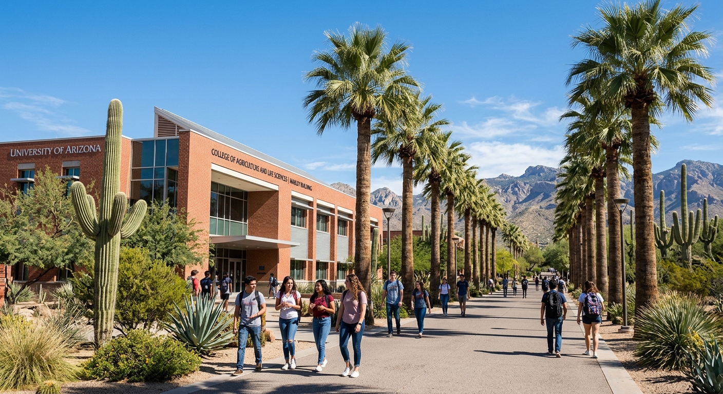 University of Arizona campus in Tucson with desert landscape, College of Agriculture and Life Sciences building, students walking through palm-lined pathways under clear blue Arizona sky, Saguaro cacti in background