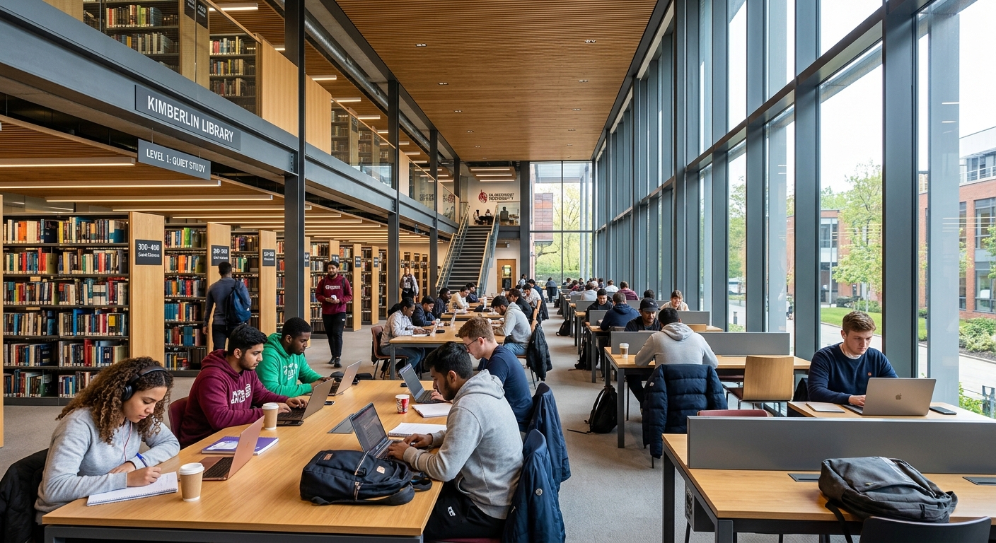 Kimberlin Library at De Montfort University, modern interior with students studying at desks, rows of bookshelves, large open study spaces with natural light