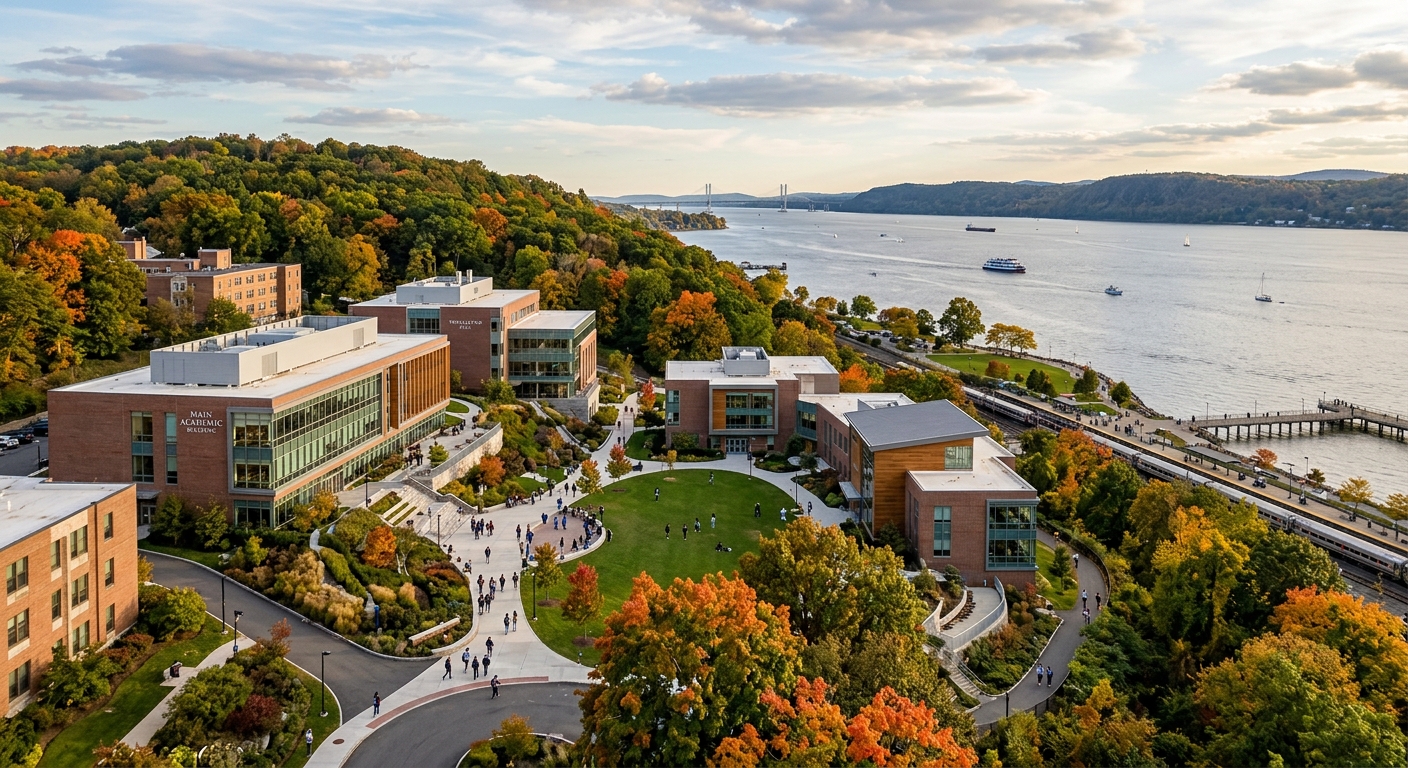 Mercy University campus overlooking the Hudson River in Dobbs Ferry, New York, with modern academic buildings surrounded by trees and a scenic waterfront setting