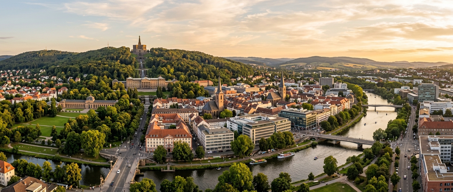 Panoramic view of Kassel Germany cityscape, Bergpark Wilhelmshöhe with Hercules monument on hilltop, Fulda River flowing through city center, mix of modern and historic architecture, green parklands, warm golden hour lighting