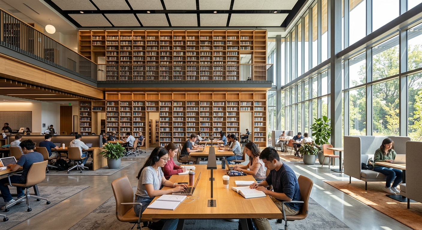 Modern IZU library interior with students studying at desks, floor-to-ceiling bookshelves, natural lighting through large windows, contemporary furniture