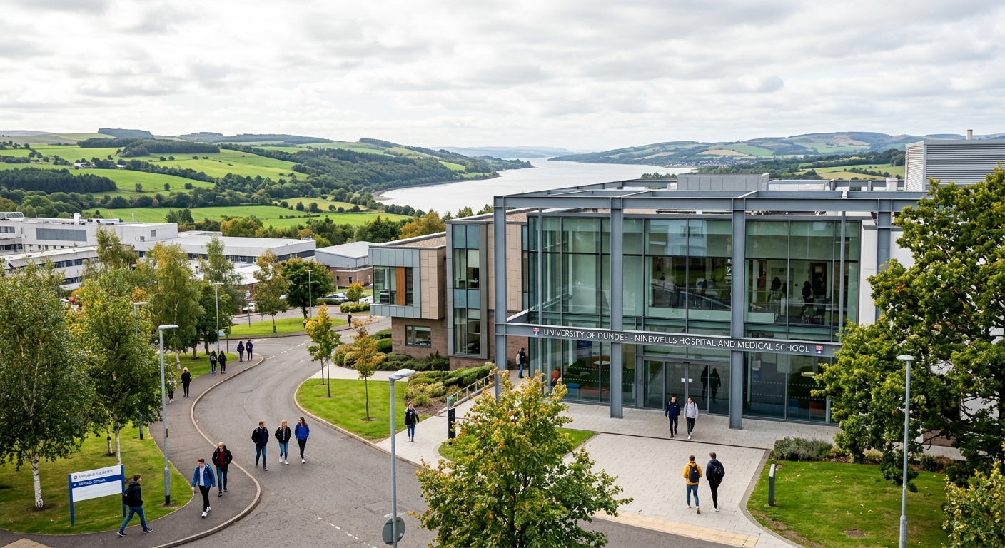 University of Dundee Ninewells Hospital and Medical School campus, modern medical education building with glass facade, students walking on pathways, green Scottish landscape with River Tay in background, bright overcast sky
