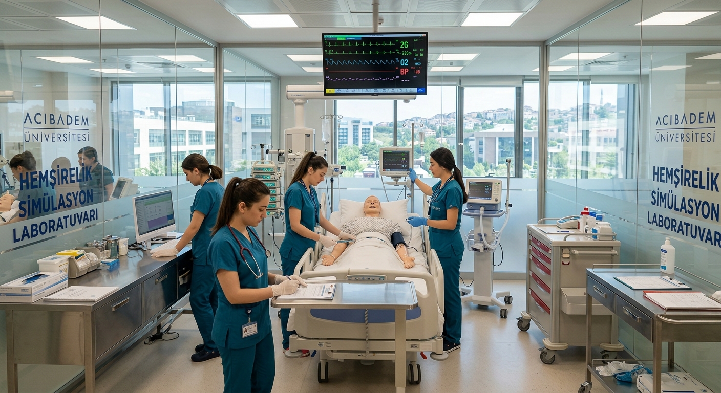 Modern Acıbadem University campus in Istanbul Turkey, nursing students in clinical simulation lab wearing scrubs, advanced medical equipment and surgical training mannequins, bright hospital-style lighting with glass walls