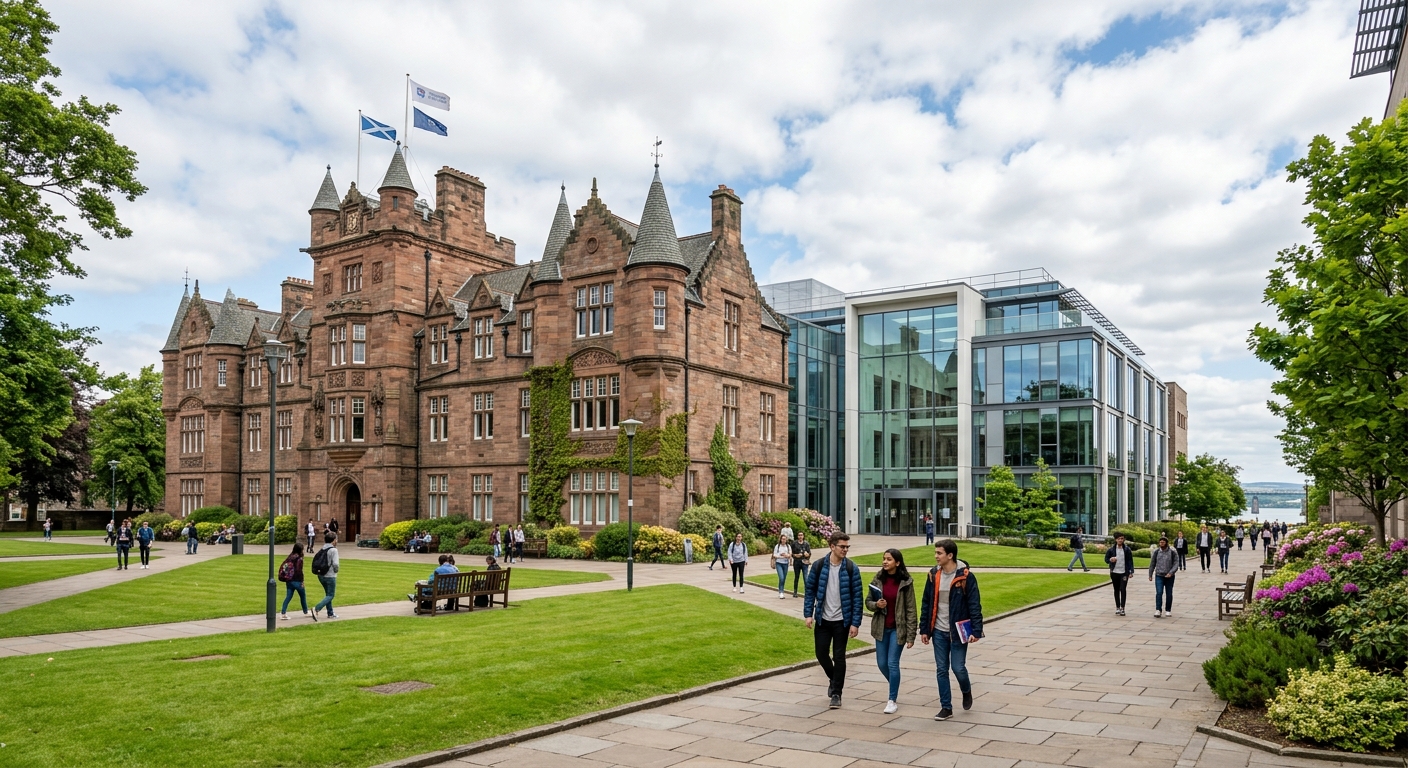 Historic stone university building at the University of Dundee campus in Scotland, with green lawns and modern glass additions, students walking along pathways under a partly cloudy sky