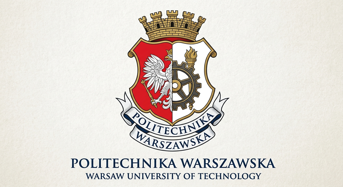 Warsaw University of Technology official logo, red and white shield emblem with Polish eagle and gear symbol, text Politechnika Warszawska