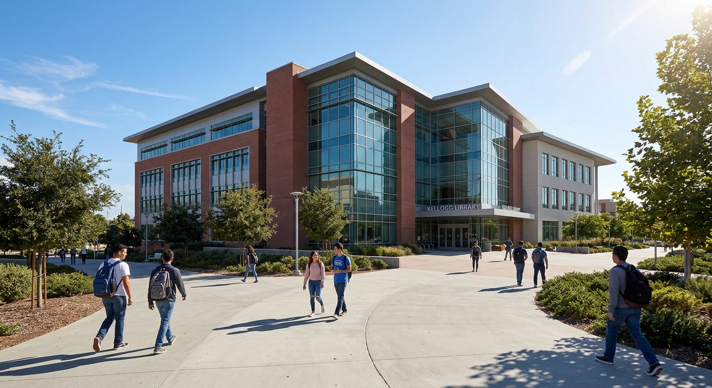 Kellogg Library at CSUSM, a large modern multi-story building with glass facade and contemporary architecture, students walking on pathways, clear blue sky