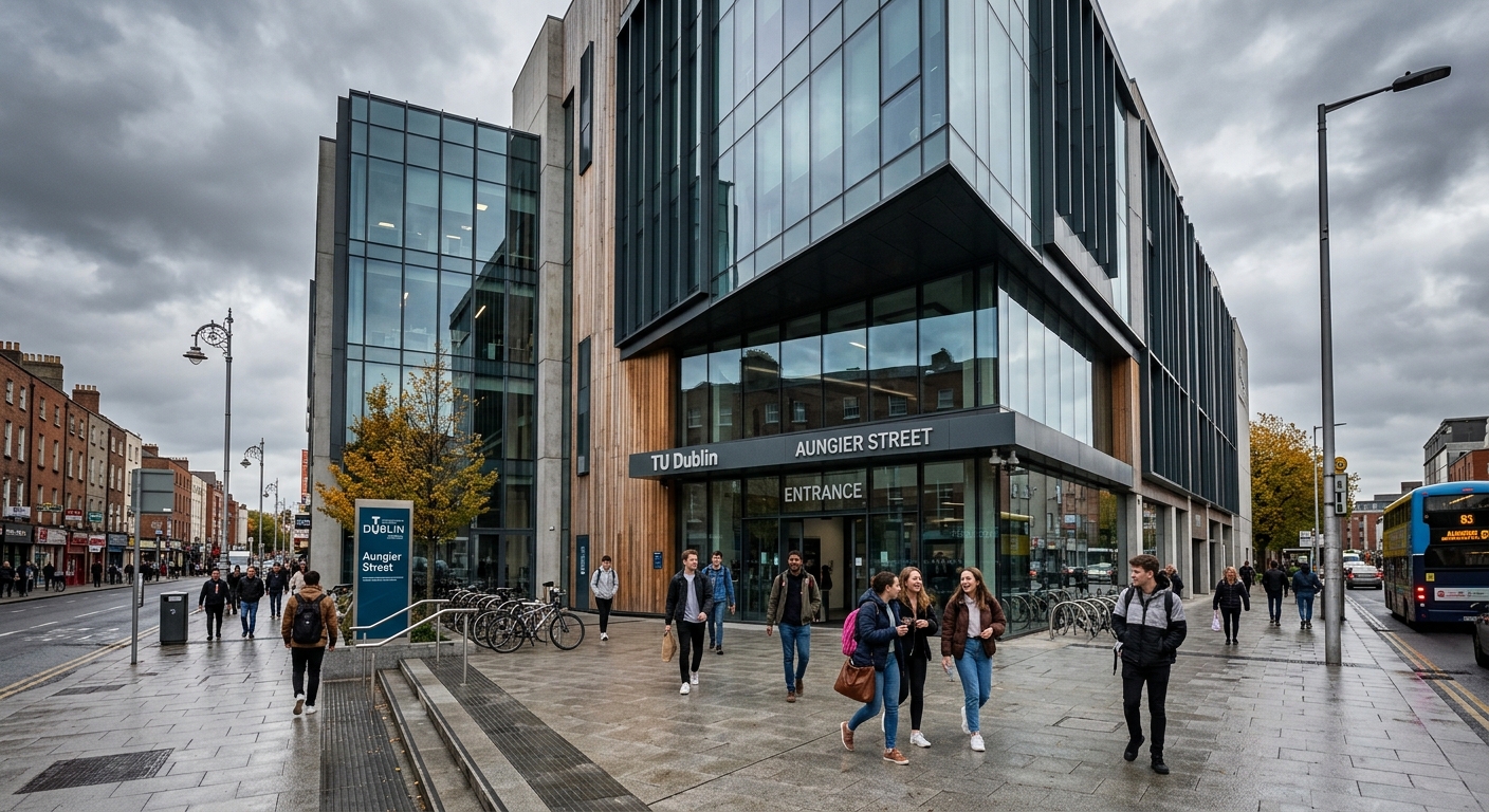 Modern TU Dublin Aungier Street campus building in Dublin city centre, students walking near the entrance, contemporary architecture with glass facade, Irish urban setting with overcast sky