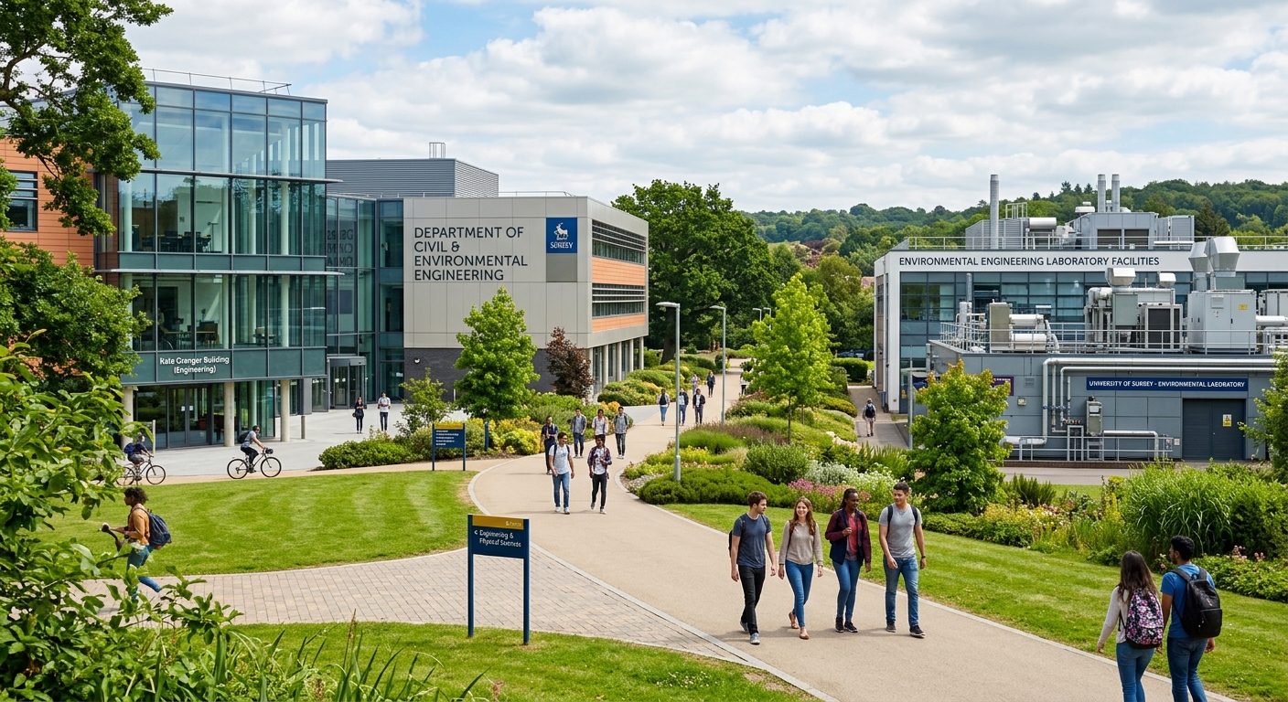 University of Surrey campus in Guildford with modern engineering buildings, green landscaped grounds, students walking along pathways, and environmental engineering laboratory facilities visible in the background