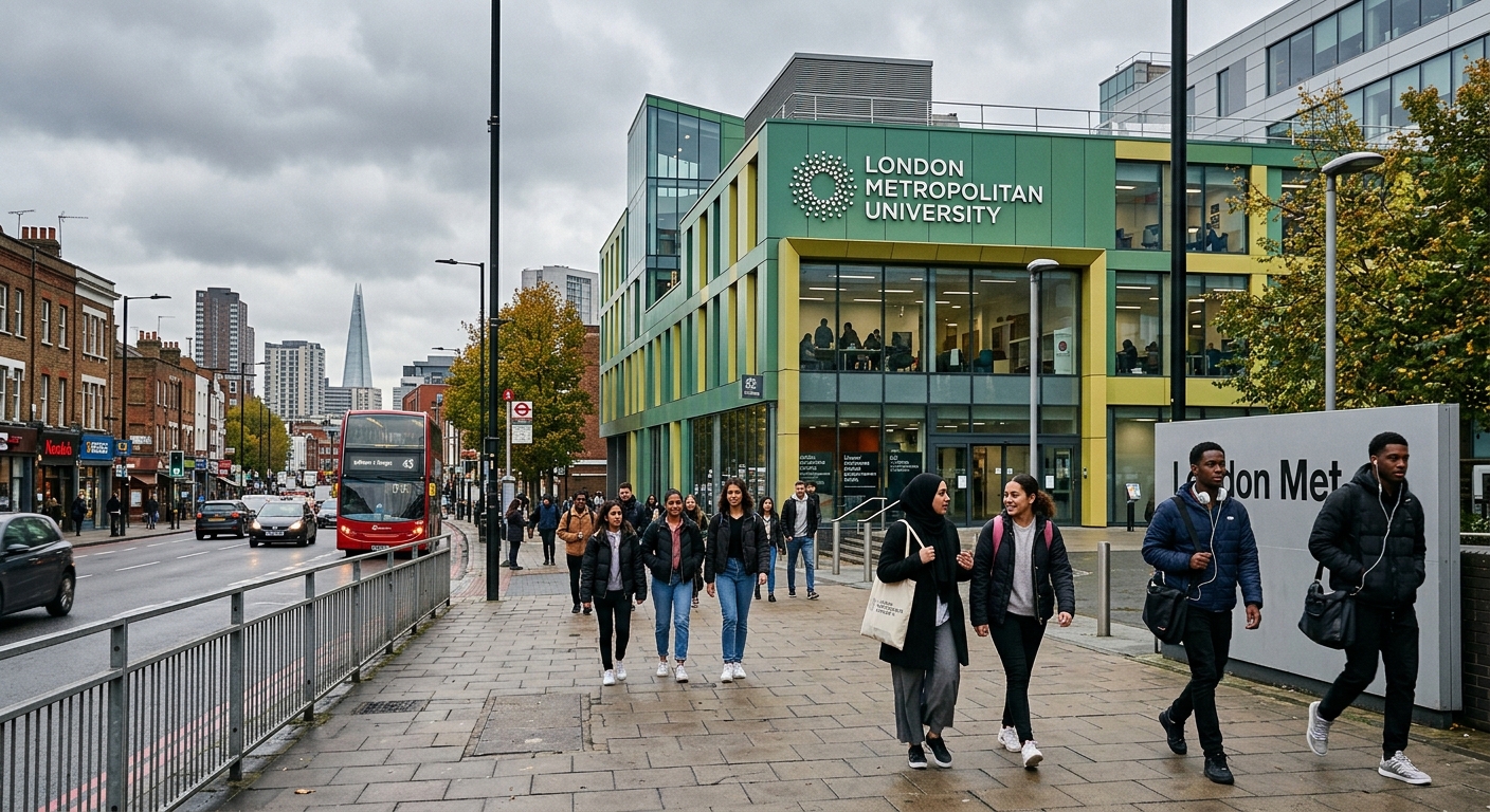 Modern London Metropolitan University campus building in Holloway, London, with diverse students walking outside, urban cityscape in background, overcast sky typical of London