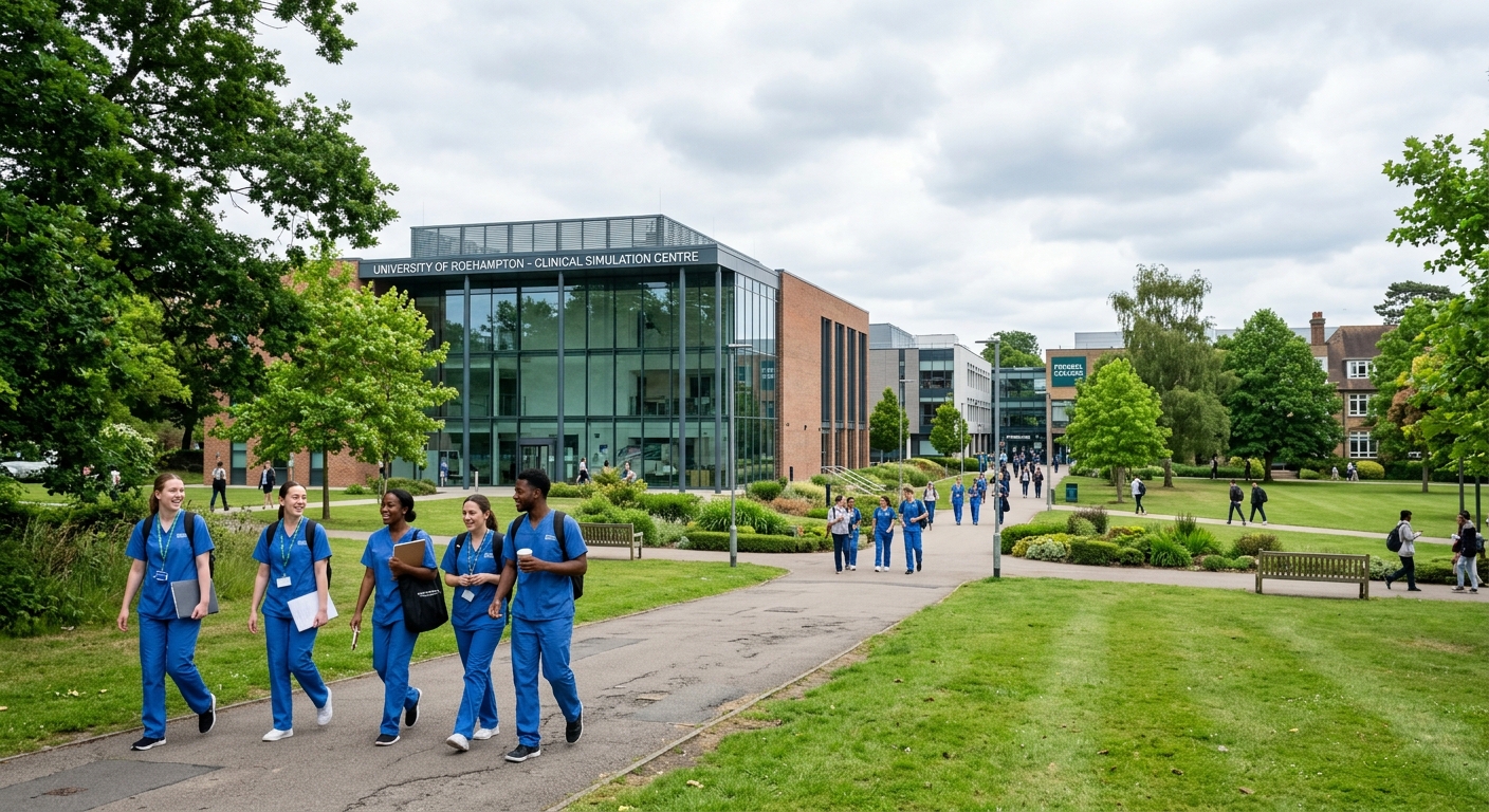 University of Roehampton campus in southwest London with green parkland, modern Clinical Simulation Centre building, nursing students in blue scrubs walking between lecture halls, bright overcast sky typical of London