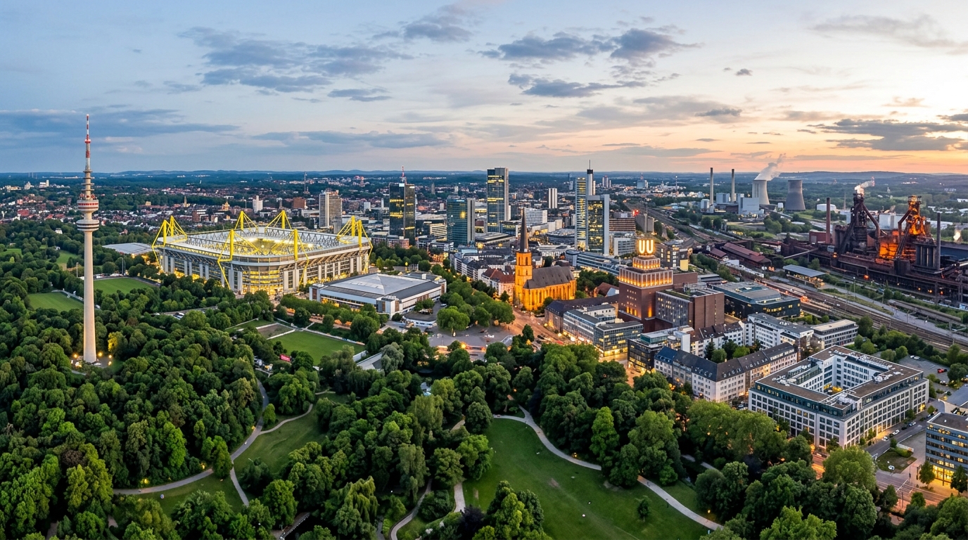 Dortmund city skyline panorama showing modern architecture, Signal Iduna Park stadium, green parks, and the Ruhr industrial heritage landscape