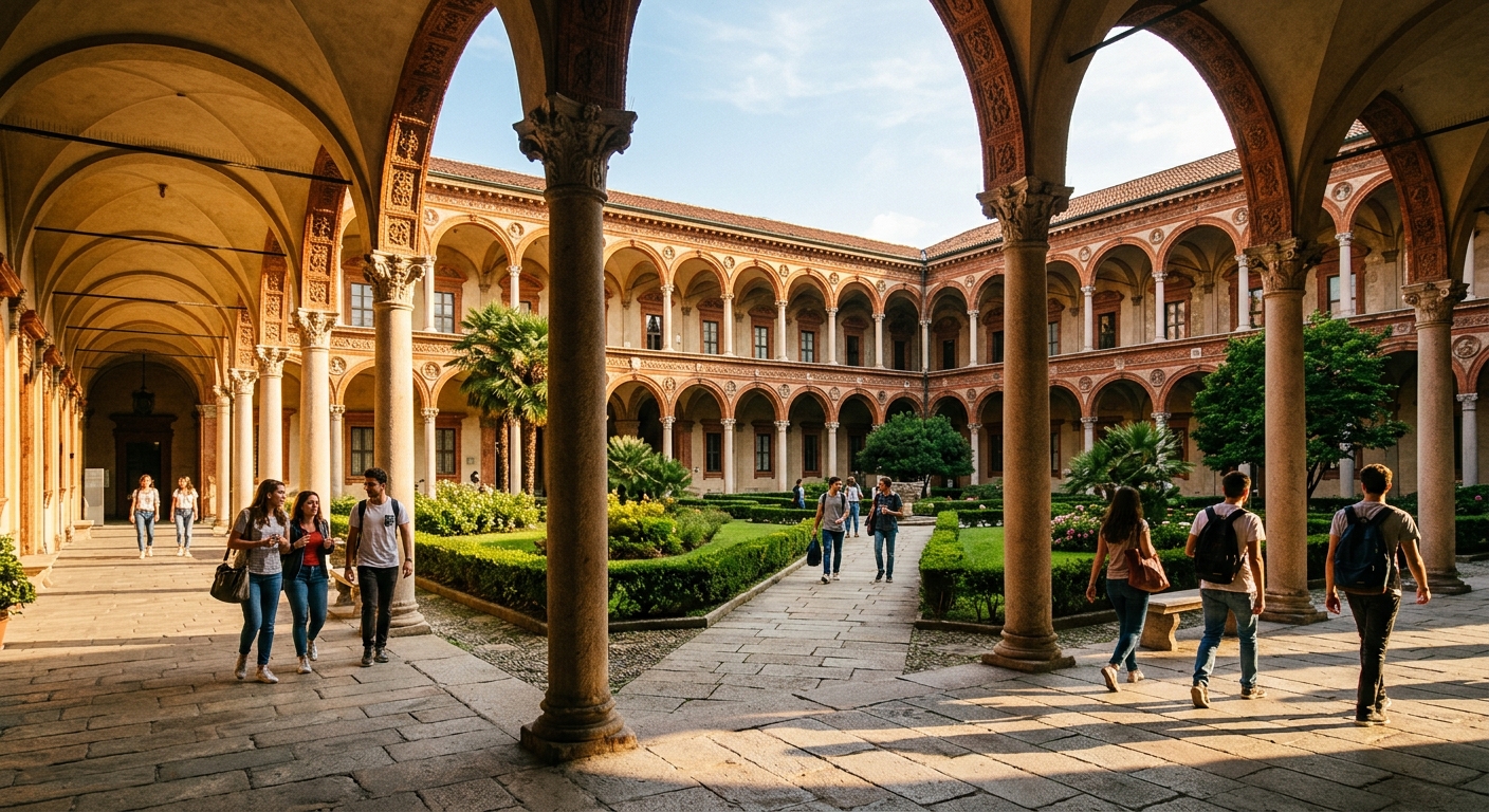 The Ca Granda Renaissance courtyard of the University of Milan with elegant arched colonnades, manicured gardens, and students walking through the historic corridors, warm afternoon sunlight casting long shadows
