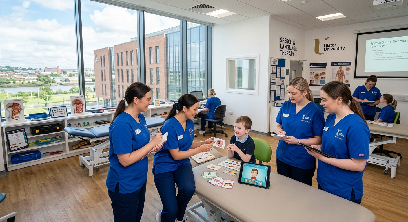 Modern university health sciences building at Ulster University Derry~Londonderry campus, students in clinical simulation lab practicing speech therapy techniques, bright natural lighting, professional healthcare education environment