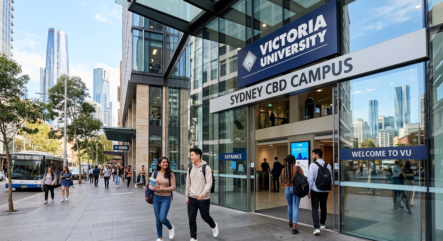 Modern Victoria University Sydney campus building in the heart of Sydney CBD, international students walking through glass-fronted entrance, city skyline visible in background, bright sunny day