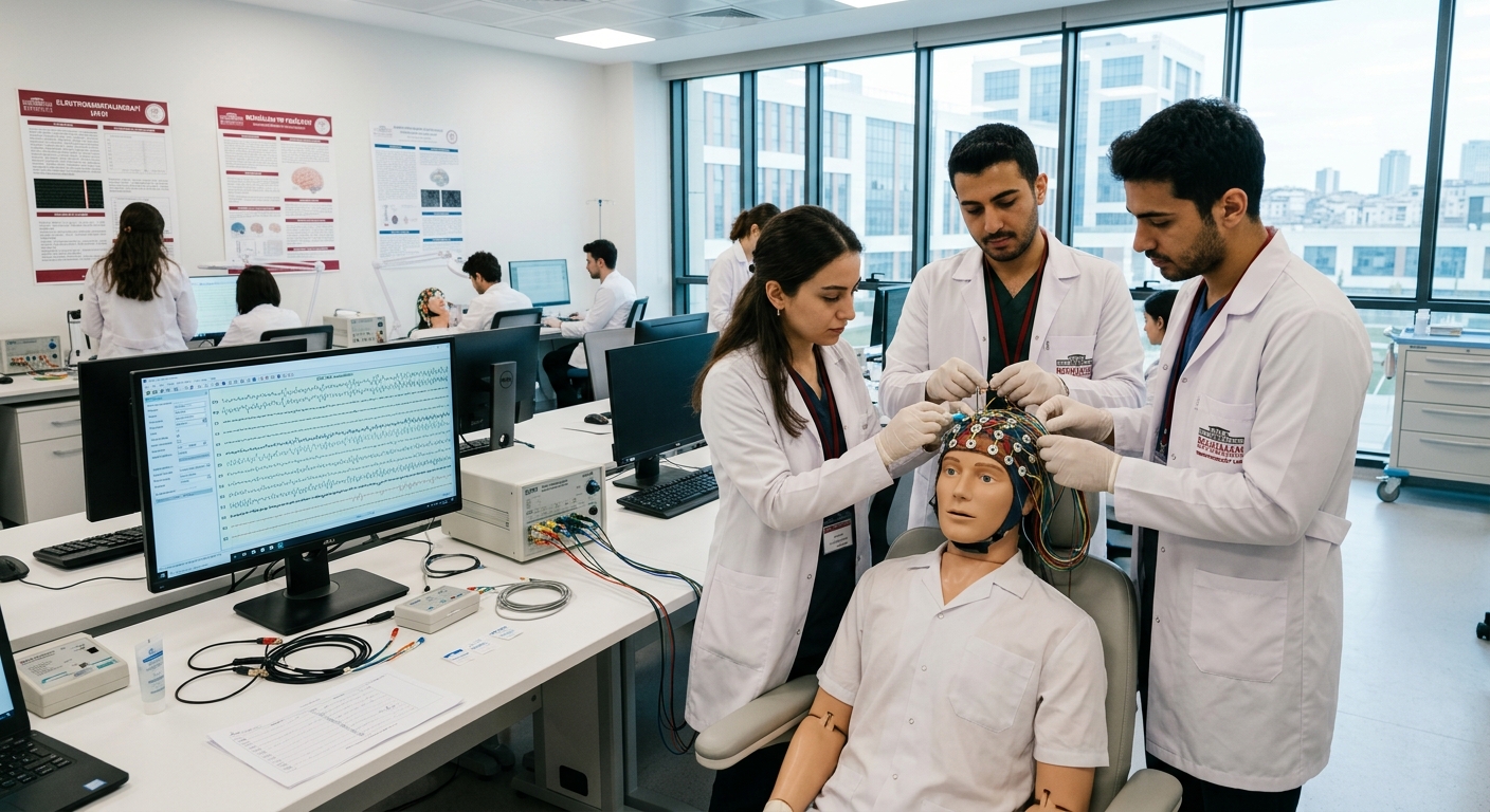 Modern medical laboratory at Bezmialem Vakıf University in Istanbul with EEG and neurophysiology equipment, students practicing electrode placement on mannequins, bright clinical environment with monitors displaying brain wave patterns