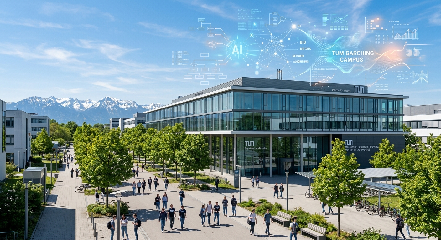 Modern TUM Garching campus with glass-fronted informatics building, students walking along tree-lined pathways, data visualization graphics overlaid on blue sky, Bavarian Alps visible in background