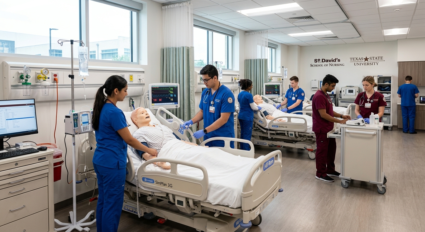 Modern nursing simulation laboratory at Texas State University Round Rock Campus, nursing students in scrubs practicing clinical skills with high-fidelity manikins, bright overhead lighting, medical equipment visible
