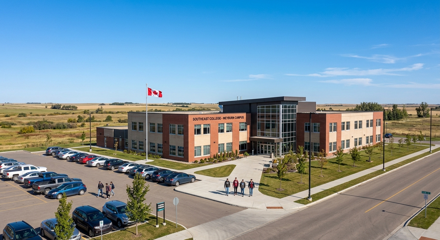Southeast College Weyburn campus wide shot, modern educational building on King Street, Saskatchewan prairie landscape, clear blue sky, Canadian flag visible, parking area with students walking