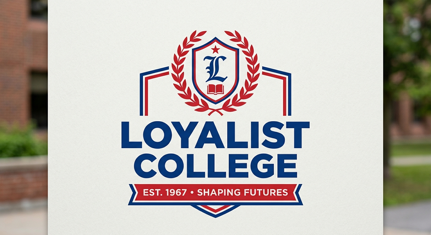 Loyalist College official logo featuring royal blue and scarlet colors with the college name in bold lettering
