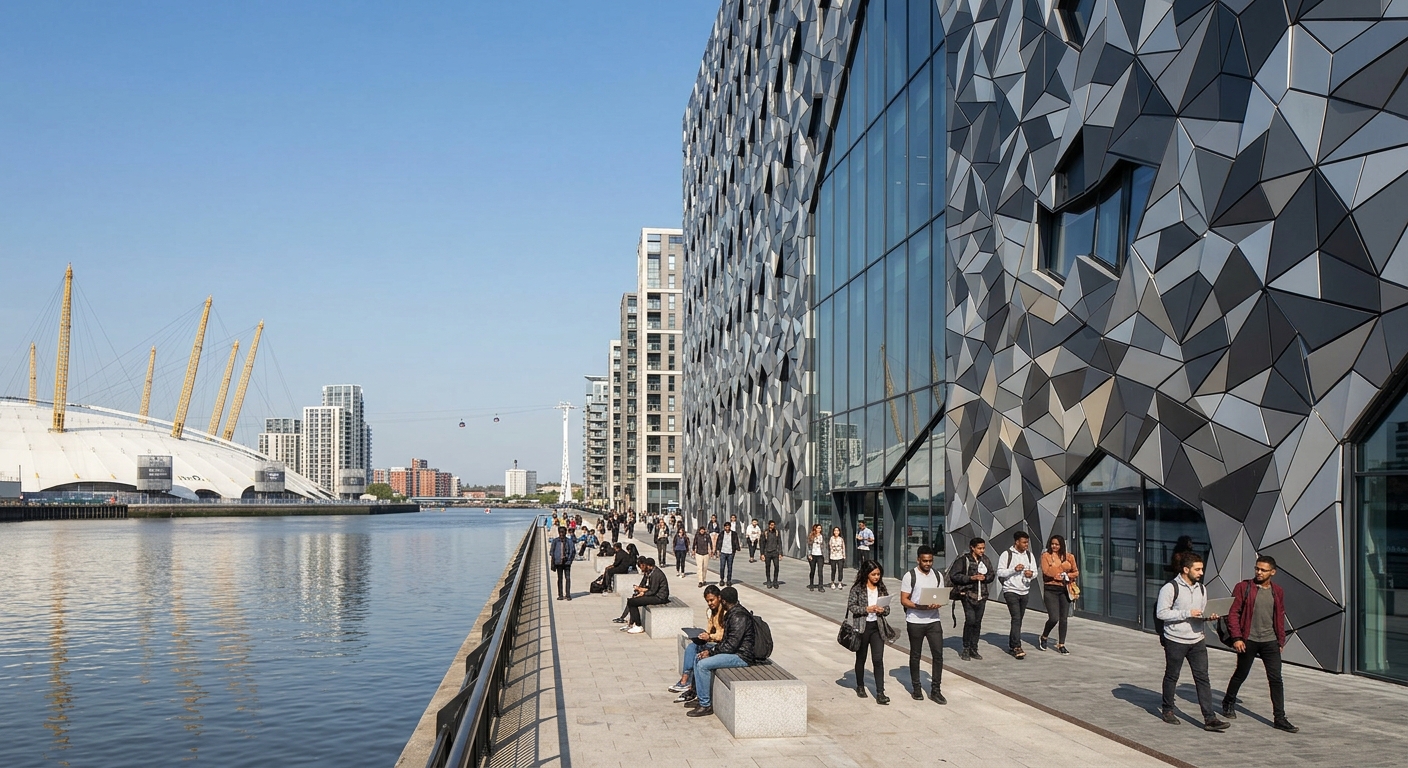 Modern Ravensbourne University London campus building on Greenwich Peninsula with geometric facade, O2 Arena visible in background, students walking along waterfront promenade under clear sky
